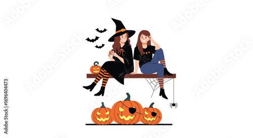 Spooky season fun two friends in witchy costumes enjoy Halloween vibes with pumpkins and bats