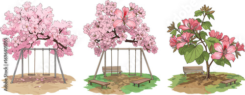 Three pink flowering trees with swings and benches in seasonal park setting, showcasing variations in blossoms, foliage, and outdoor seating arrangements