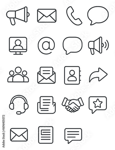 Corporate communication icons in minimalistic line art style: megaphone, envelope, phone, message bubble, video call, email icon, chat box,