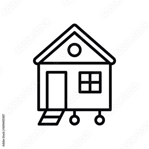 Simple line drawing of a tiny house on wheels