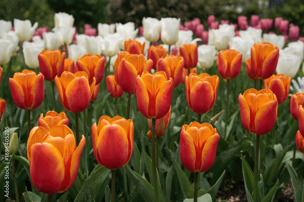 Fototapeta premium A lively floral arrangement showcasing bright orange tulips up front, with white and pink tulips filling the background, complemented by rich green foliage.