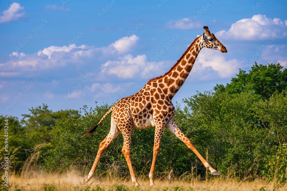 Fototapeta premium Wildlife of the Savannah - Giraffe in Motion - Iconic Creature's Race for Survival