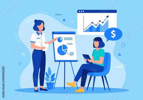 Vector art of two women in a business meeting, one presenting a chart on a flip chart, the other looking at a tablet with a dollar sign