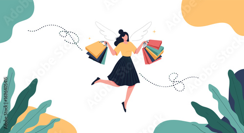 Joyful woman with shopping bags and wings embodies retail therapy bliss and consumer freedom