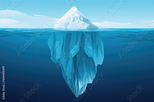 Illustration of a large iceberg drifting in the sea with a vast underwater section, resembling a frozen mountain breaking away in polar waters.