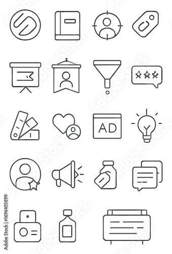 Marketing and branding icons in minimalistic line art style: logo icon, brand book, target audience, SEO tag, content board, campaign banner, funnel