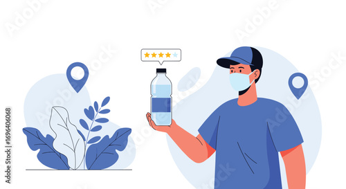 Confident delivery person holding water bottle with excellent customer review and location pins
