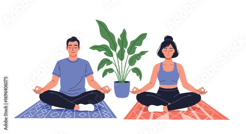Serene couple meditating together finding peace and balance in a calm, modern home environment
