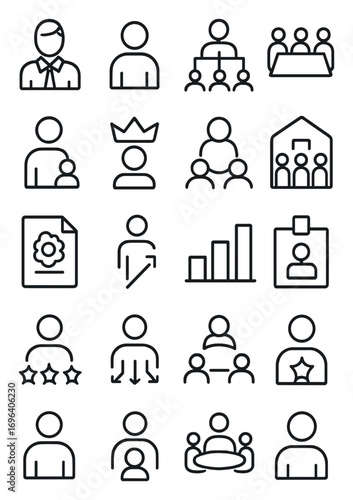 Corporate hierarchy icons in minimalistic line art style: CEO icon, employee icon, org chart, boardroom, supervisor, leadership crown, teamwork