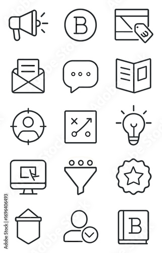 Marketing materials icons in minimalistic line art style: loudspeaker, branding icon, ad layout, SEO tag, email campaign, social media bubble,