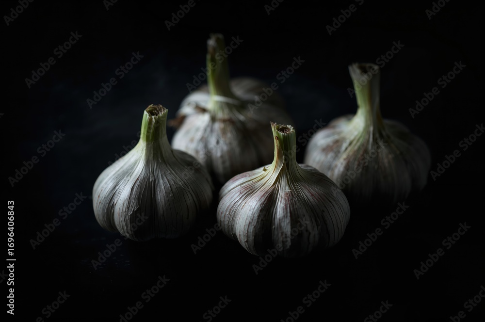 Obraz premium Cloves of garlic against a black backdrop