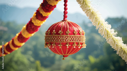 Intricate Indian wedding decoration, a red orb with gold embroidery, hangs festively amidst floral garlands with a soft green natural background