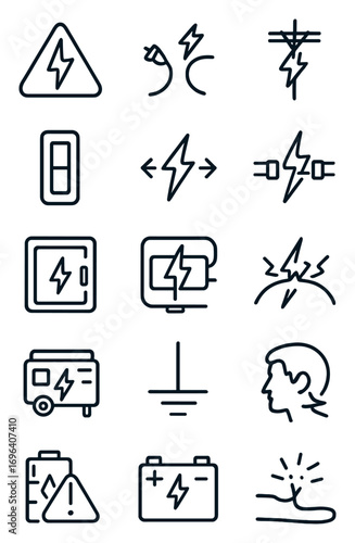 Electrical safety icons in minimalistic line art style: danger voltage, live wires, power outage, shock risk, switch off, high current, fuse blow,