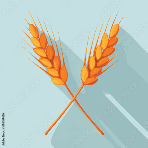 Golden wheat ears crossed illustration with light blue background showcasing agriculture and harvest season design element