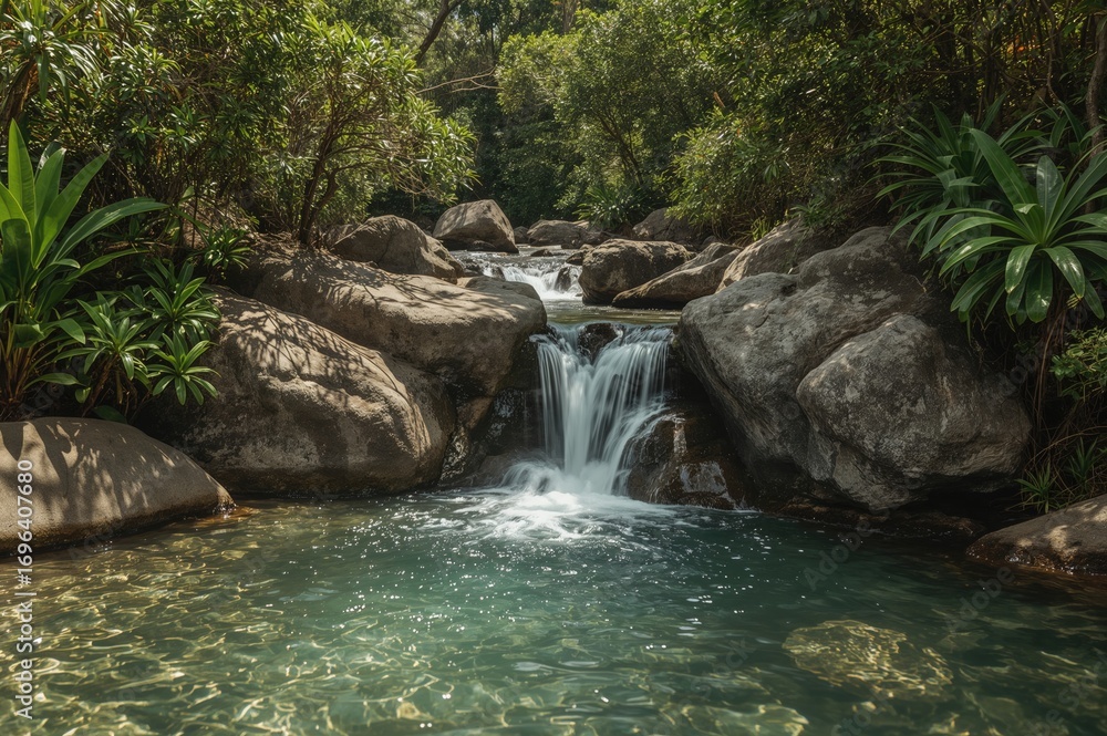 Naklejka premium Calm water movement and tranquil atmosphere of a quiet waterfall in a state park.