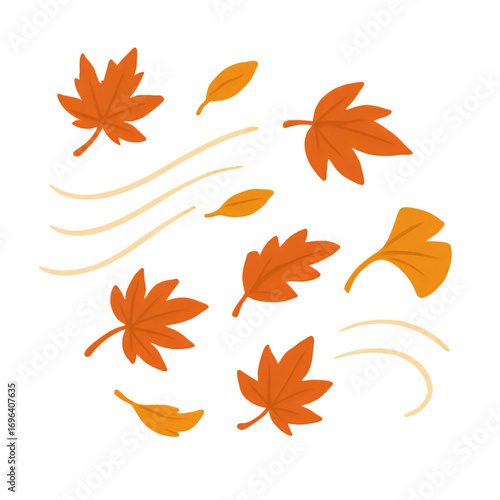 風に舞う秋の葉イラスト｜Windy Autumn Leaves