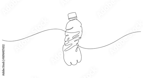 Used PET bottle on waves. Crushed plastic bottle floating in water. One line drawing illustration of crumpled trash. Vector illustration representing ecology and environmental pollution concept