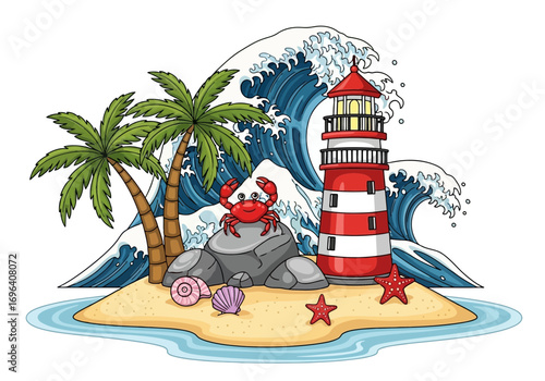 Vector art of tropical island with lighthouse, palm trees, crab, seashells, and large ocean wave, concept of coastal scenery and maritime