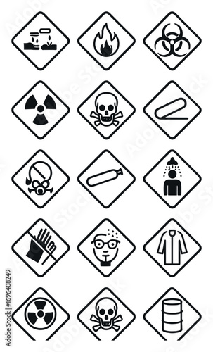 Hazard symbols for chemical handling icons in minimalistic line art style: corrosive liquid, flammable gas, oxidizing agent, biohazard, radioactive