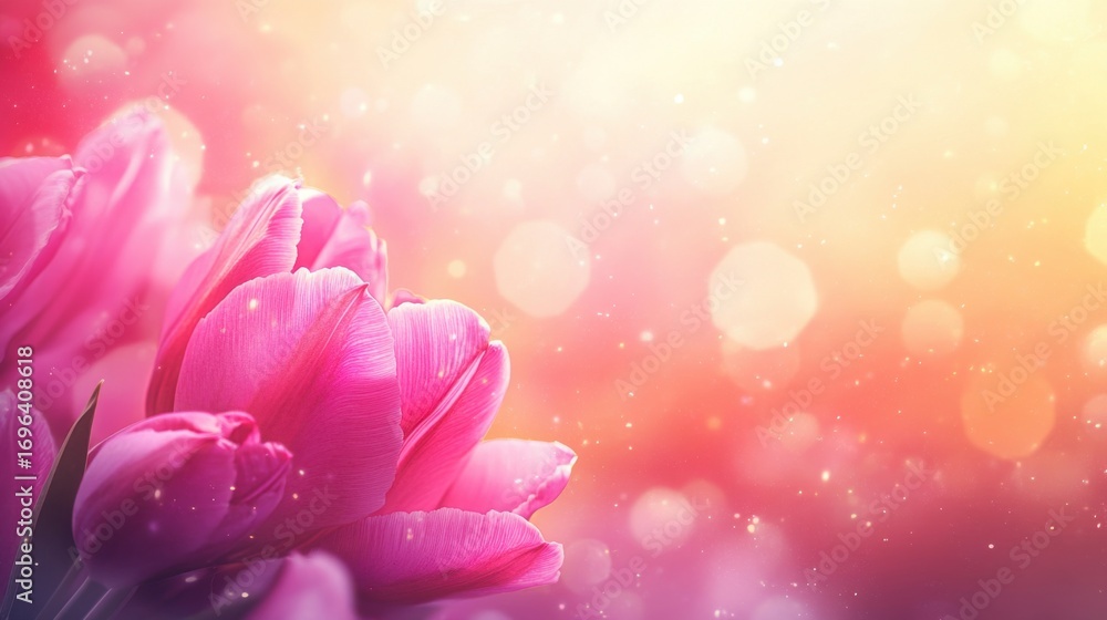 Fototapeta premium Elegant pink tulip blossoms amidst shimmering bokeh lights background