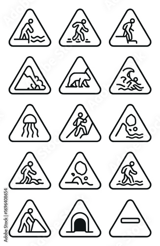 Public hazard signs icons in minimalistic line art style: danger deep water, icy surface, steep slope, cliff edge, avalanche area, wild animal warning