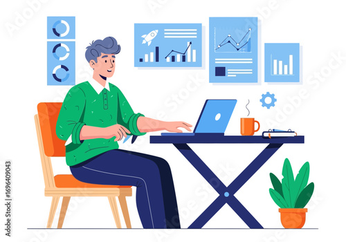 Vector art of man working on laptop at desk with charts and graphs on wall, representing business analytics and data visualization