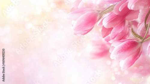 Delicate pink tulips with sparkling bokeh, embodying soft romance and feminine grace
