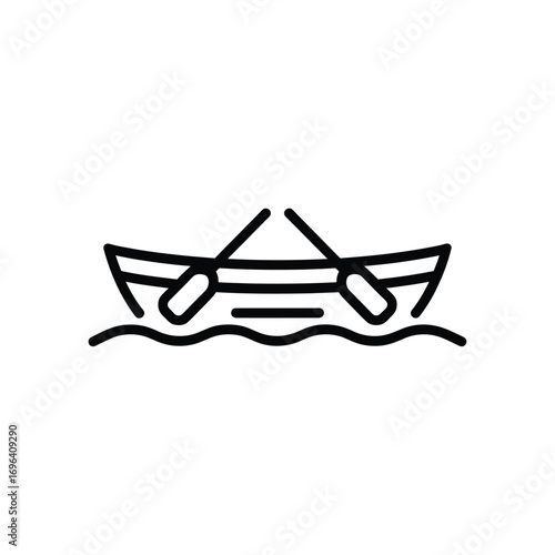 Simple black outline icon of a rowboat with oars on water