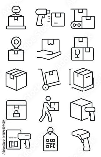 Parcel handling icons icons in minimalistic line art style: weigh package, scan parcel, label package, sort items, drop point, pick-up icon, fragile