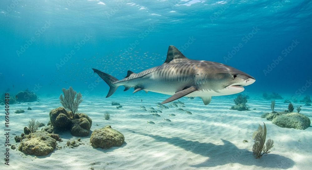 Fototapeta premium A tiger shark gracefully swims over a sandy ocean floor, surrounded by coral and smaller fish.