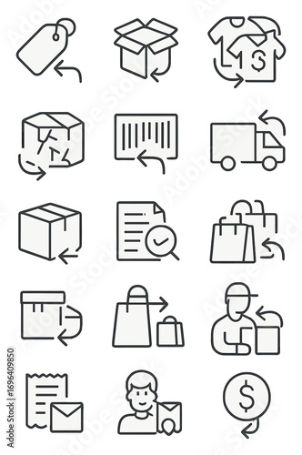 Returns and exchanges icons icons in minimalistic line art style: return label, open box, item exchange, refund process, damaged goods, return barcode