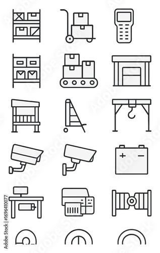 Warehouse equipment icons in minimalistic line art style: storage rack, hand truck, shelving unit, inventory scanner, bin storage, conveyor belt,