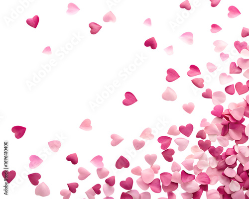 Scattering pink and red heart confetti isolated on transparent background