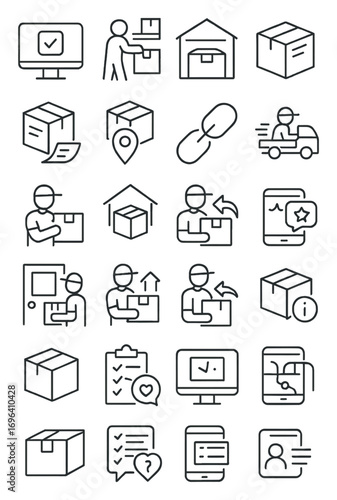 E-commerce logistics icons in minimalistic line art style: order confirmation, item picking, warehouse package, box label, shipping info, tracking