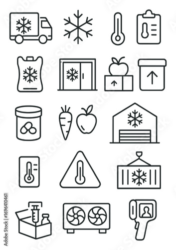 Cold chain logistics icons in minimalistic line art style: freezer truck, ice symbol, thermometer icon, temperature log, cooling pack, refrigerated