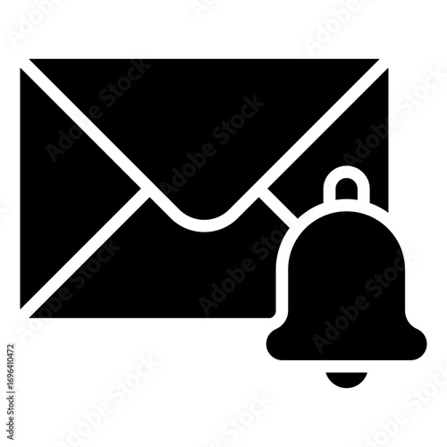 Mail Notification Glyph Black Silhouette Icon Design Vector - Envelope with bell, representing email alert, inbox notification, or new message reminder