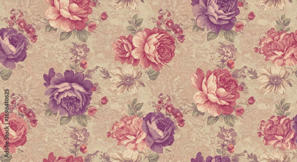 Obraz premium ピンク紫薔薇柄の美しい花柄生地