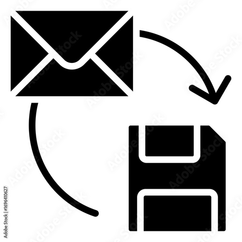 Mail Save Glyph Black Silhouette Icon Design Vector - Envelope with download arrow and disk, symbolizing save mail, archive message, or backup email