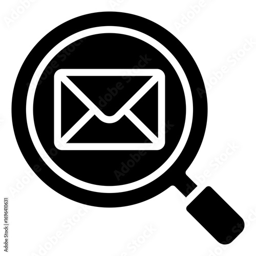 Mail Search Glyph Black Silhouette Icon Design Vector - Magnifying glass with envelope, representing email search, find message, or filter mail