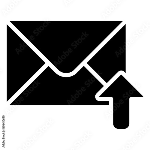 Mail Upload Glyph Black Silhouette Icon Design Vector - Envelope with upward arrow, symbolizing email upload, message sending, or outgoing mail