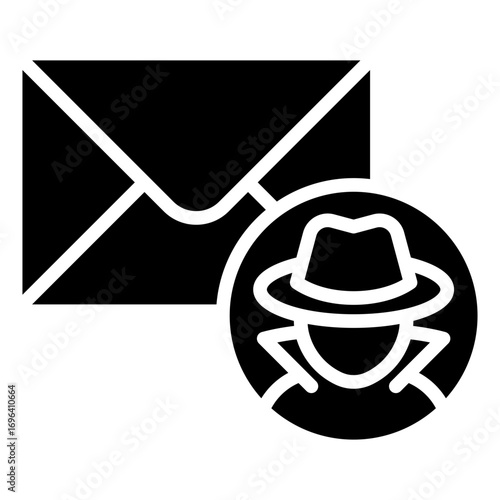 Mail Spam Glyph Black Silhouette Icon Design Vector - Envelope with masked figure, symbolizing spam, phishing, or dangerous email