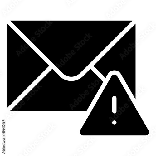 Mail Warning Glyph Black Silhouette Icon Design Vector - Envelope with warning sign, symbolizing error, alert, or suspicious email