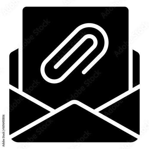 Mail Attachment Glyph Black Silhouette Icon Design Vector - Envelope with paperclip, symbolizing attached file, document, or additional content