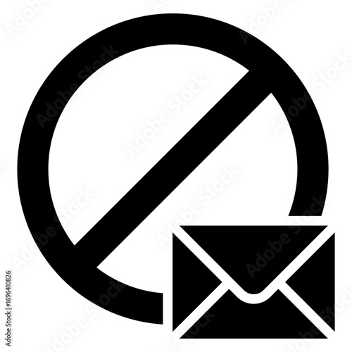 Mail Block Glyph Black Silhouette Icon Design Vector - Prohibited sign with envelope, symbolizing blocked mail, spam, or restricted message