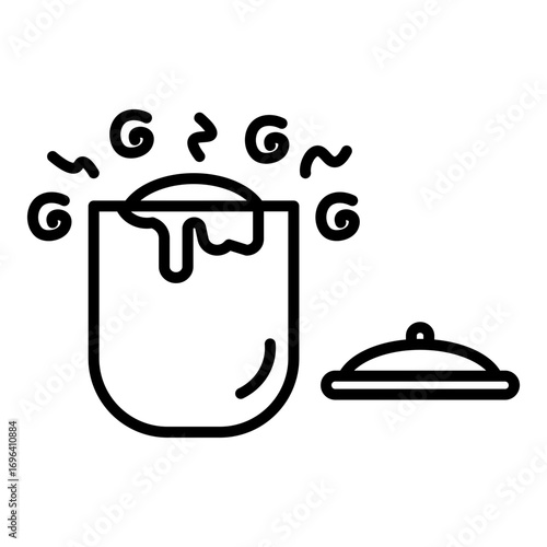 Minimalist outline icon depicting a cooking pot with steam and a separate lid, symbolizing food preparation and a recipe