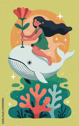 A strange image of a young woman with long black flowing hair riding a white whale in an underwater scene.