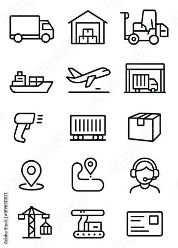 Logistics operations icons in minimalistic line art style: delivery truck, warehouse, pallet jack, forklift, cargo ship, airplane, train container,