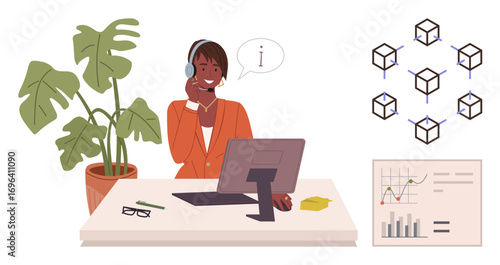 Professional in headset assisting via computer, discussing blockchain network. Includes plant, data graph, office tools. Ideal for technology, support, business, blockchain analytics AI teamwork