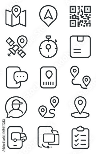 Tracking system icons in minimalistic line art style: map location, GPS icon, QR code, package tracker, satellite pin, time estimate, tracking number,