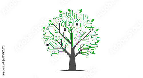 Concept of digital growth and innovation represented by a tree made of circuit board elements and leaves.